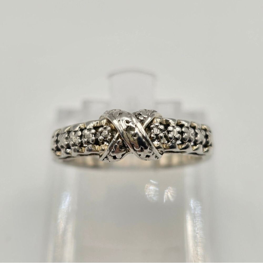 Vintage Designer Signed (Rs) Sterling Silver Diamond Crossover X Ring